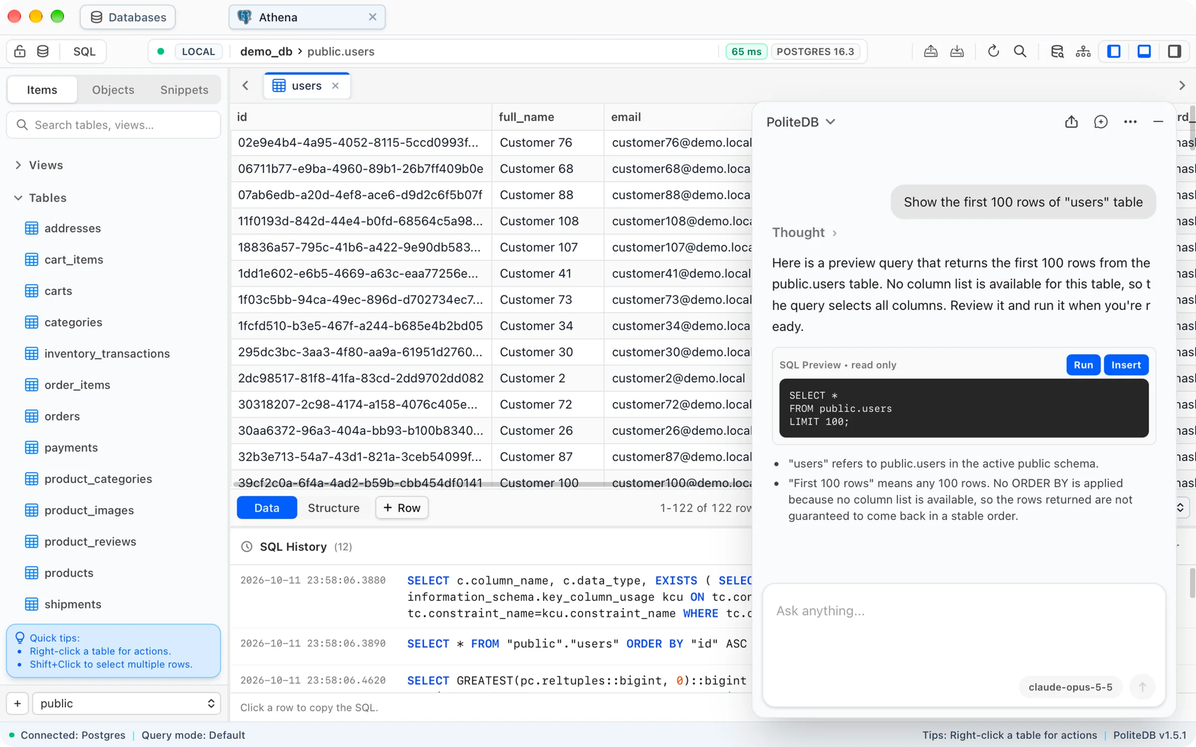 PoliteDB AI assistant turning a natural-language request into a read-only SQL preview