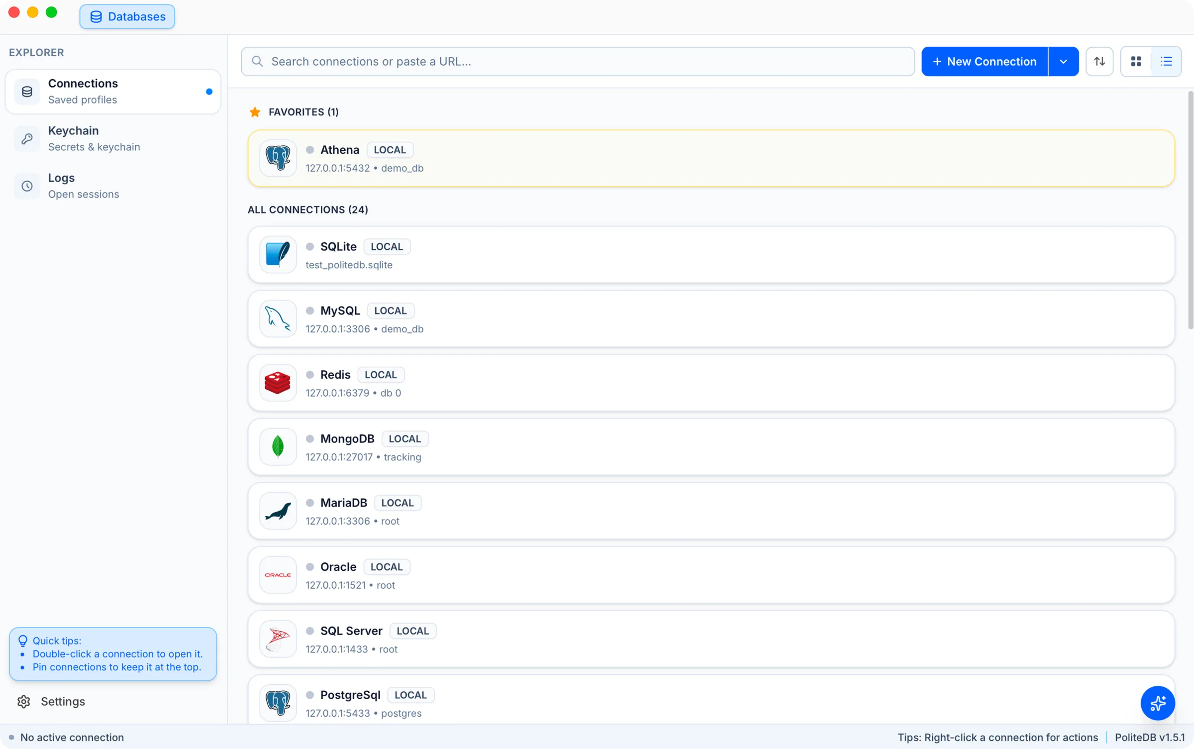 PoliteDB connection manager listing saved database connections with favorites pinned at the top