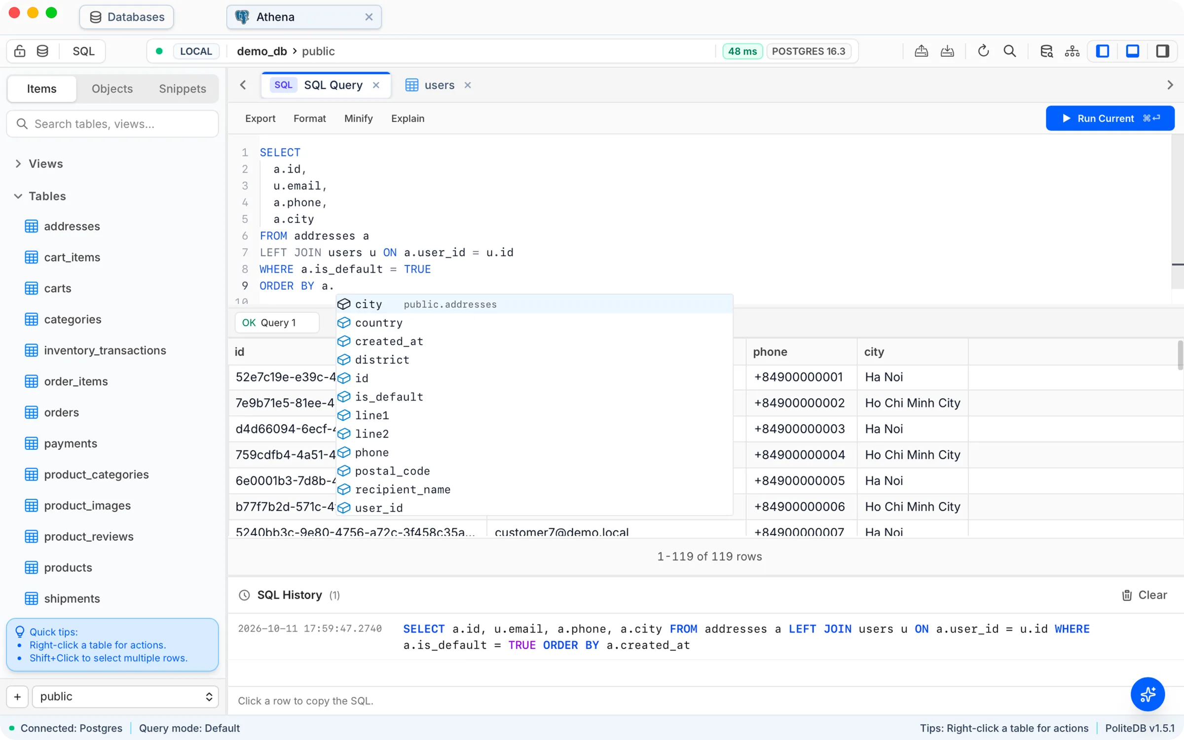 PoliteDB SQL editor running a query